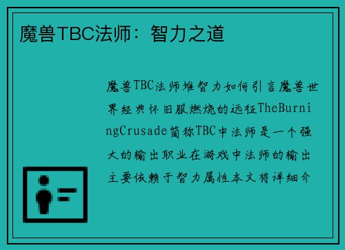 魔兽TBC法师：智力之道